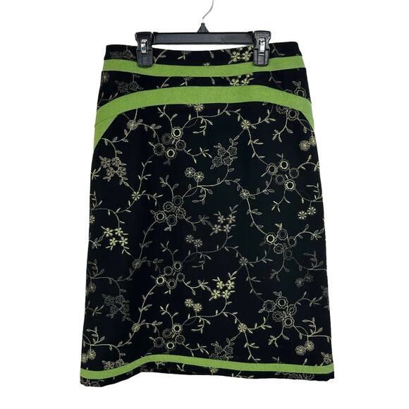 Etcetera Black & Green Embroidered Floral Print Wool Blend Knee Length Skirt 6 - Picture 1 of 4